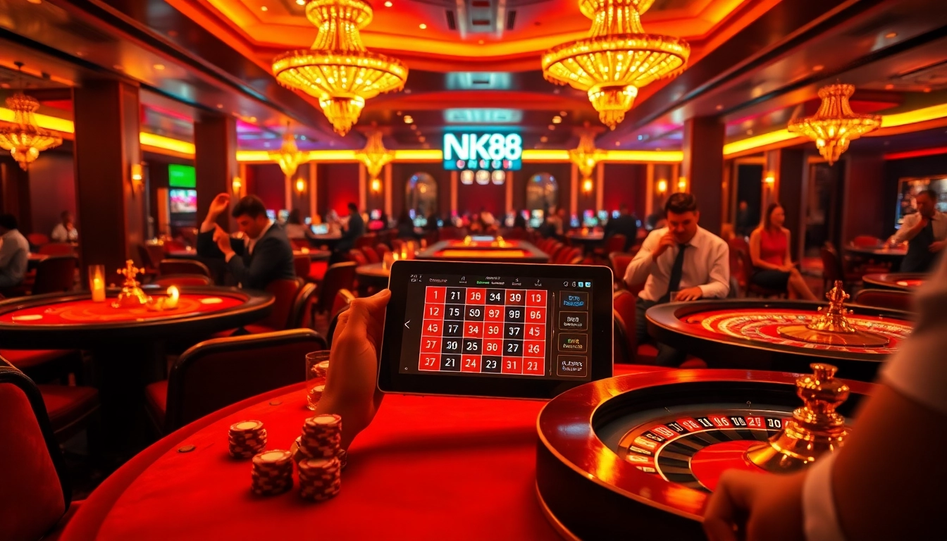 Experience the thrill of gambling at NK88 with luxurious casino gaming tables and engaged players.