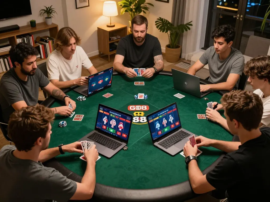 Players engaging in a live online poker game on GO88, showcasing strategic gameplay in a cozy home setting