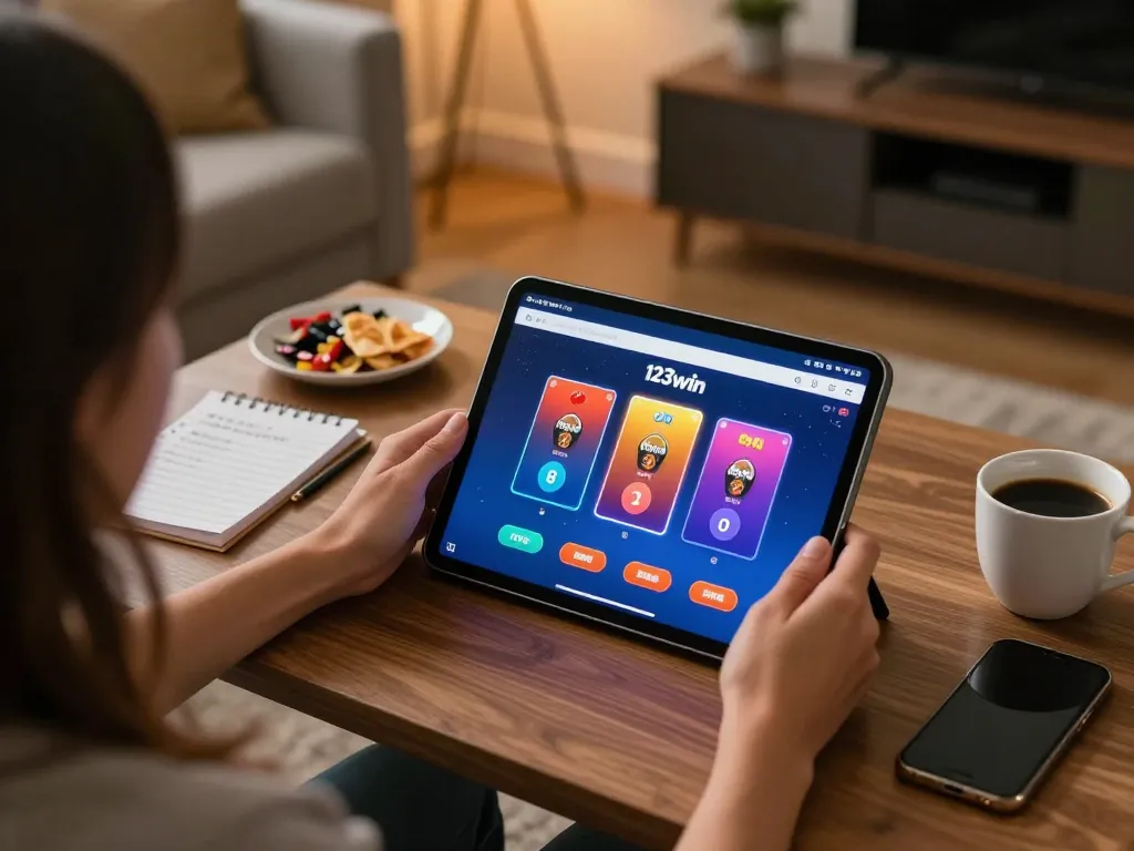 Engaging with the 123win net online poker app in a cozy living room.