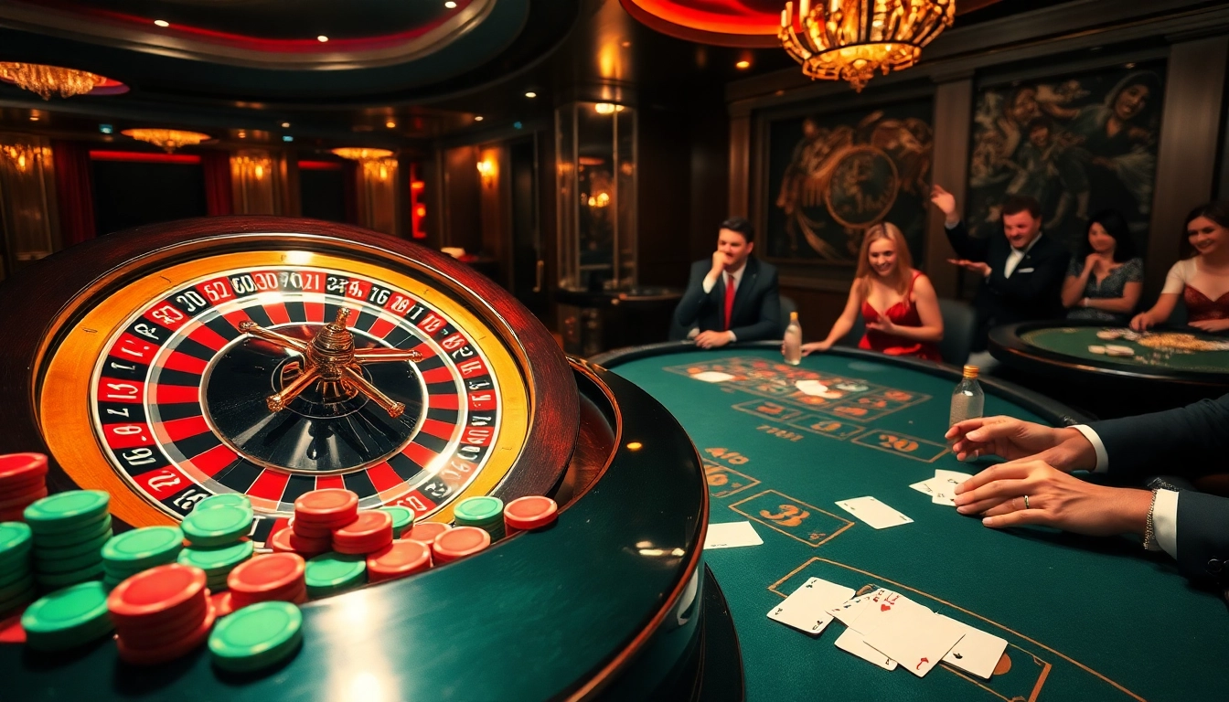 Experience the thrill of gambling at 888new.com with players enjoying poker and roulette in a vibrant casino setting.