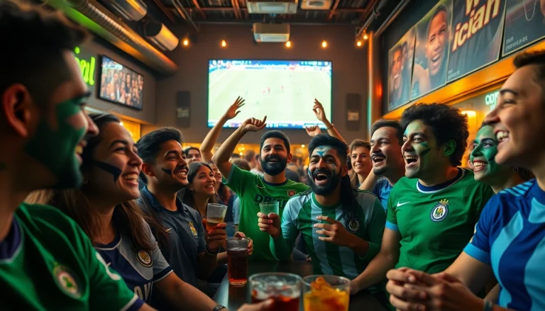 Excited soccer fans enjoying a live match at https://okwintv.zone/ showcasing a vibrant sports bar atmosphere.