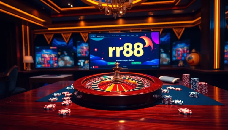 Exciting gameplay at an online casino featuring the rr88 link, roulette wheel, and vibrant poker chips.