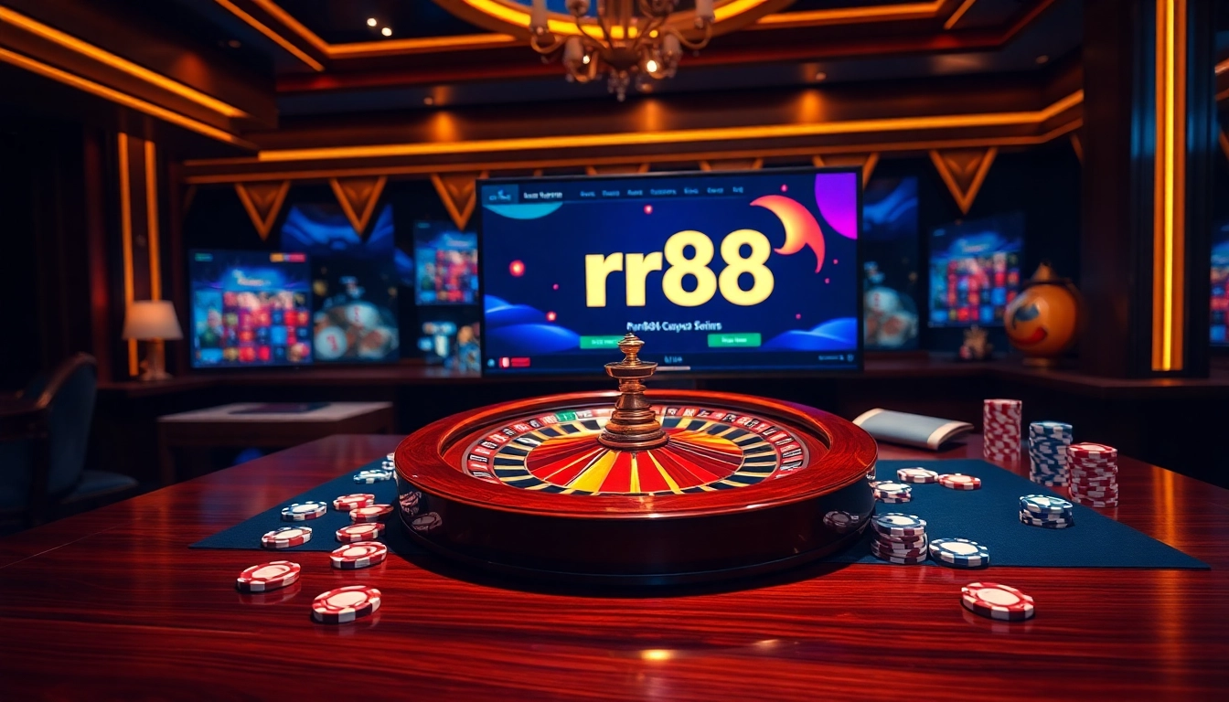 Exciting gameplay at an online casino featuring the rr88 link, roulette wheel, and vibrant poker chips.