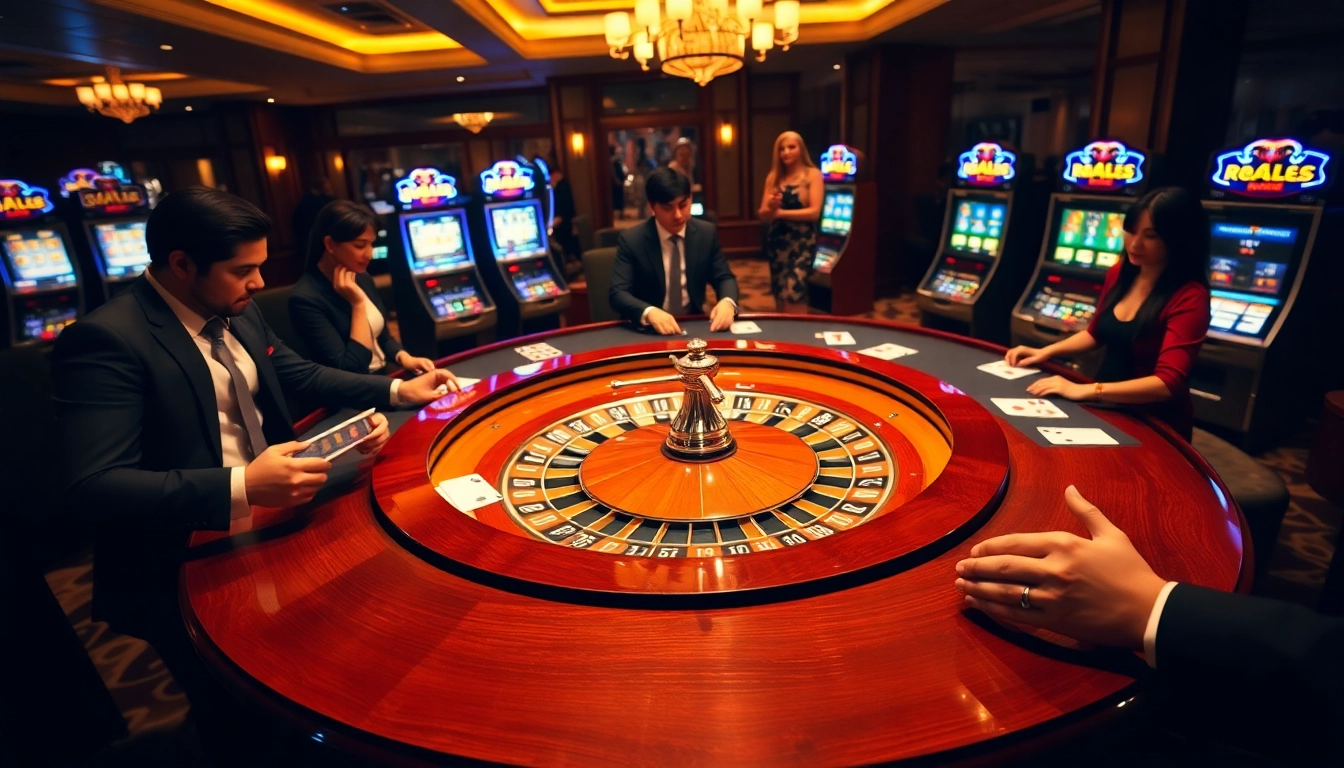 Experience the thrill of online gambling with rr88 link, featuring a vibrant casino scene with roulette and poker.
