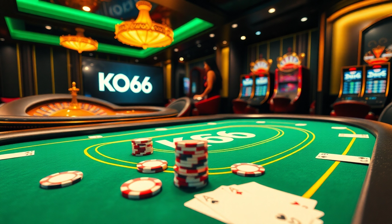 Các người chơi tận hưởng một trò chơi poker ảo tại KO66, thể hiện không gian casino trực tuyến sang trọng với chip và bài.