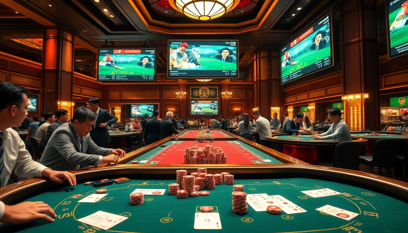 Experience the excitement of đá gà trực tiếp 88 with vibrant casino visuals featuring passionate bettors and live matches.