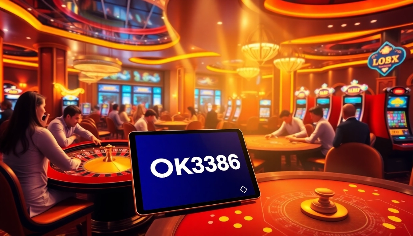 Players enjoying thrilling casino games at OK8386, featuring vibrant slot machines and poker tables.