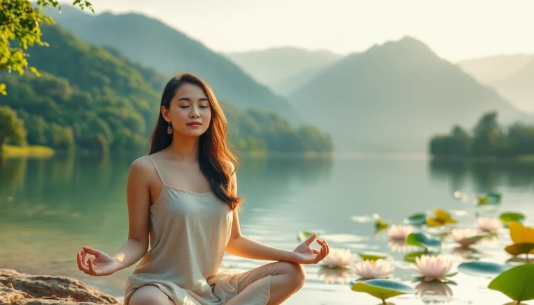A woman meditating by a lake embodies emotional wellbeing in a tranquil natural setting.