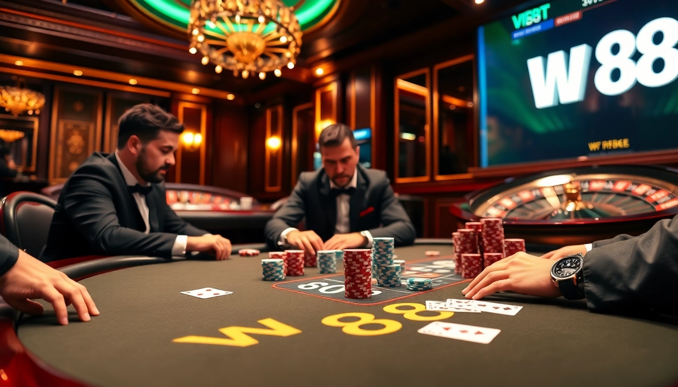 W 88 poker table scene with players, chips, and roulette wheel in a vibrant casino setting.