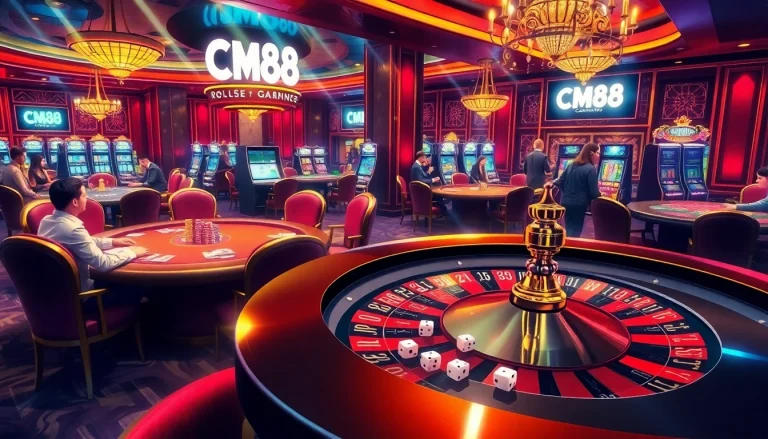 Players at high-stakes tables in a casino, celebrating wins with CM88-themed betting chips and cards.