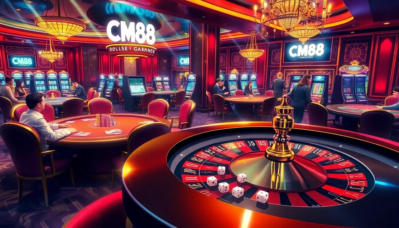 Players at high-stakes tables in a casino, celebrating wins with CM88-themed betting chips and cards.