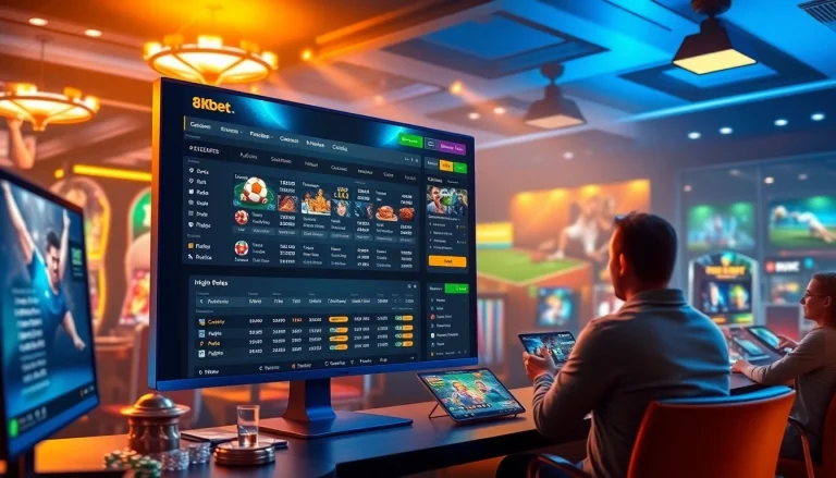 A modern online betting interface representing 8kbet, showcasing sports and casino game options in a vibrant setting.
