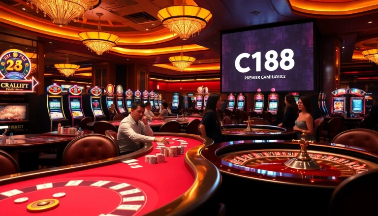 Players enjoying thrilling games at C168 casino, featuring elegant tables and vibrant slot machines.