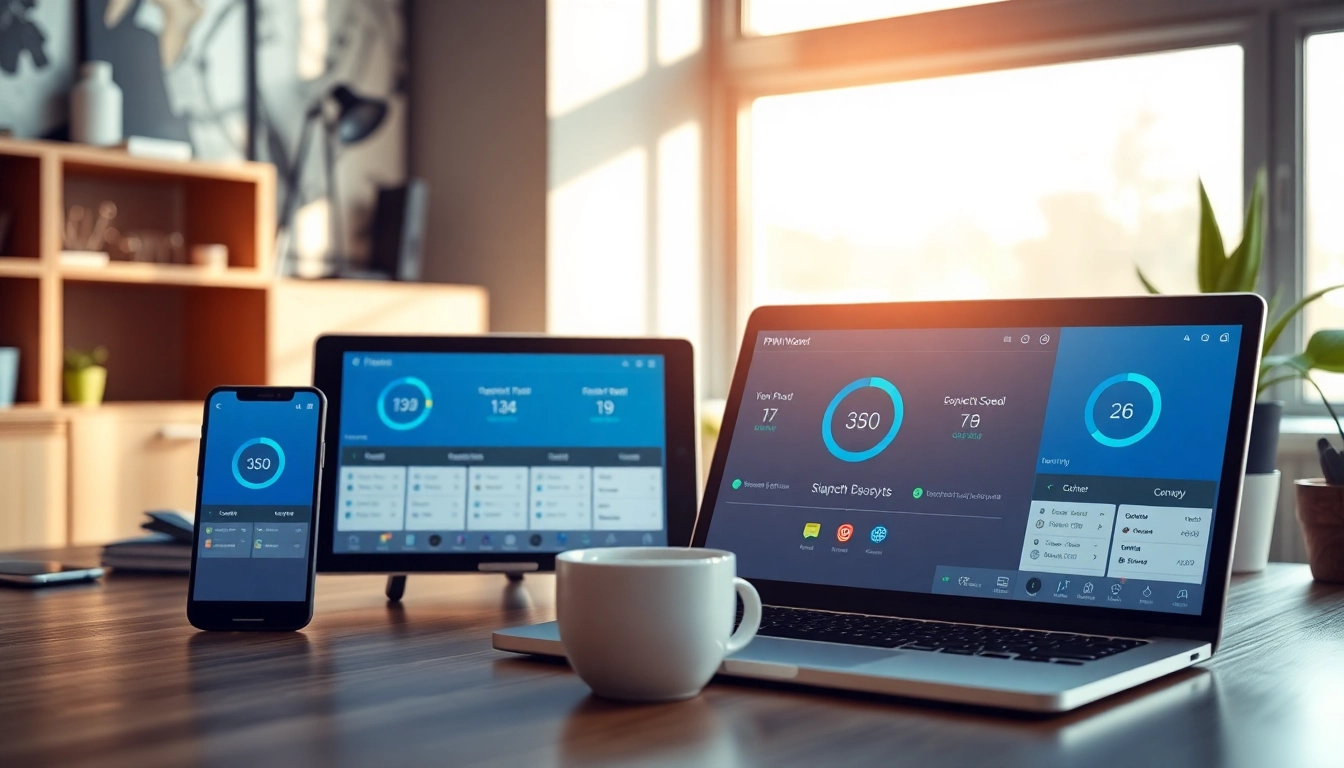 在多设备上显示的快连官网界面，展示现代工作空间中的 VPN 功能。