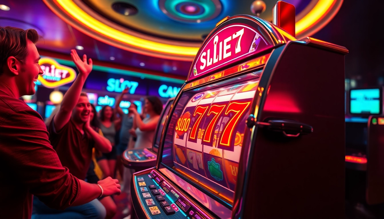 Slot77 mesin slot berputar dengan pemain yang merayakan kemenangan di kasino.