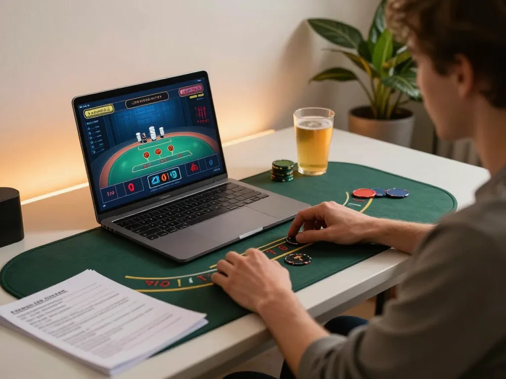 Engaged player enjoying live dealer blackjack on laptop, highlighting nhà cái nk88 as a top choice for online gaming.