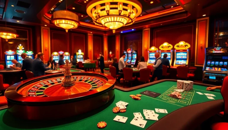 Engaging gamblers in action at a luxurious 23win casino, showcasing poker, roulette, and excitement.