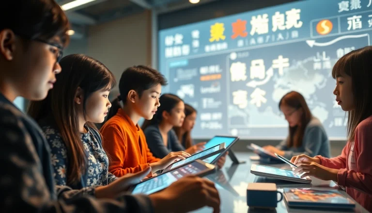 Engaging digital learning scene showcasing 有道 translation tools in a modern educational setting.