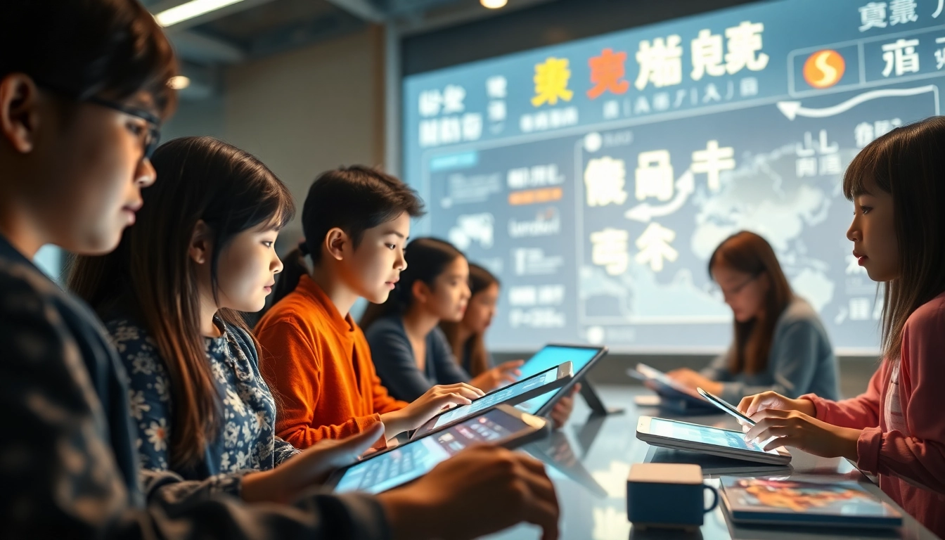 Engaging digital learning scene showcasing 有道 translation tools in a modern educational setting.