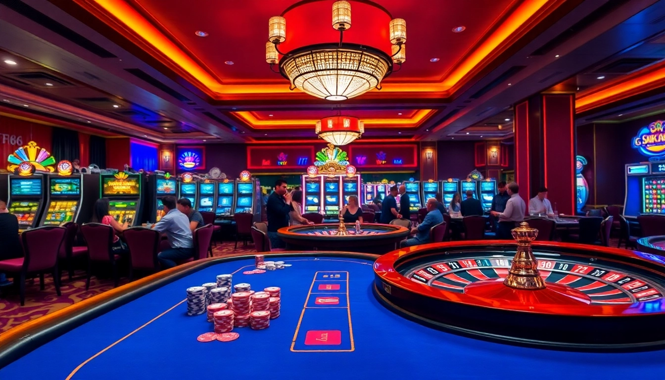 F168 casino players engaging in high-stakes poker on a luxurious casino floor.