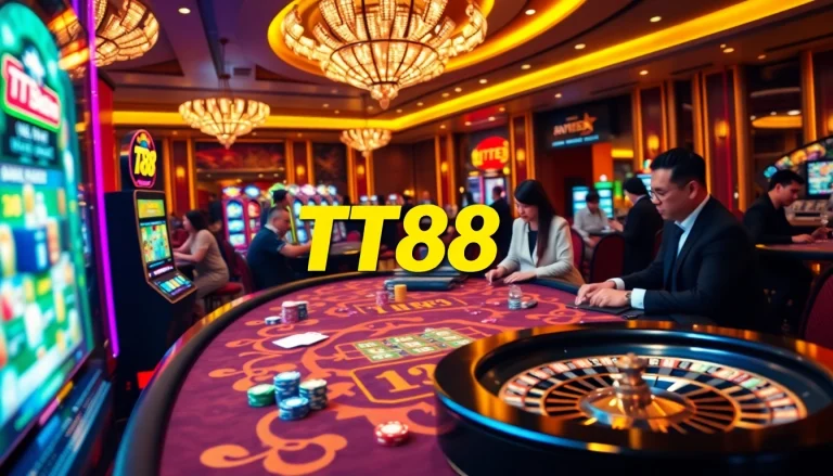 Experience thrilling gameplay at TT88 casino with vibrant tables, chips, and players.