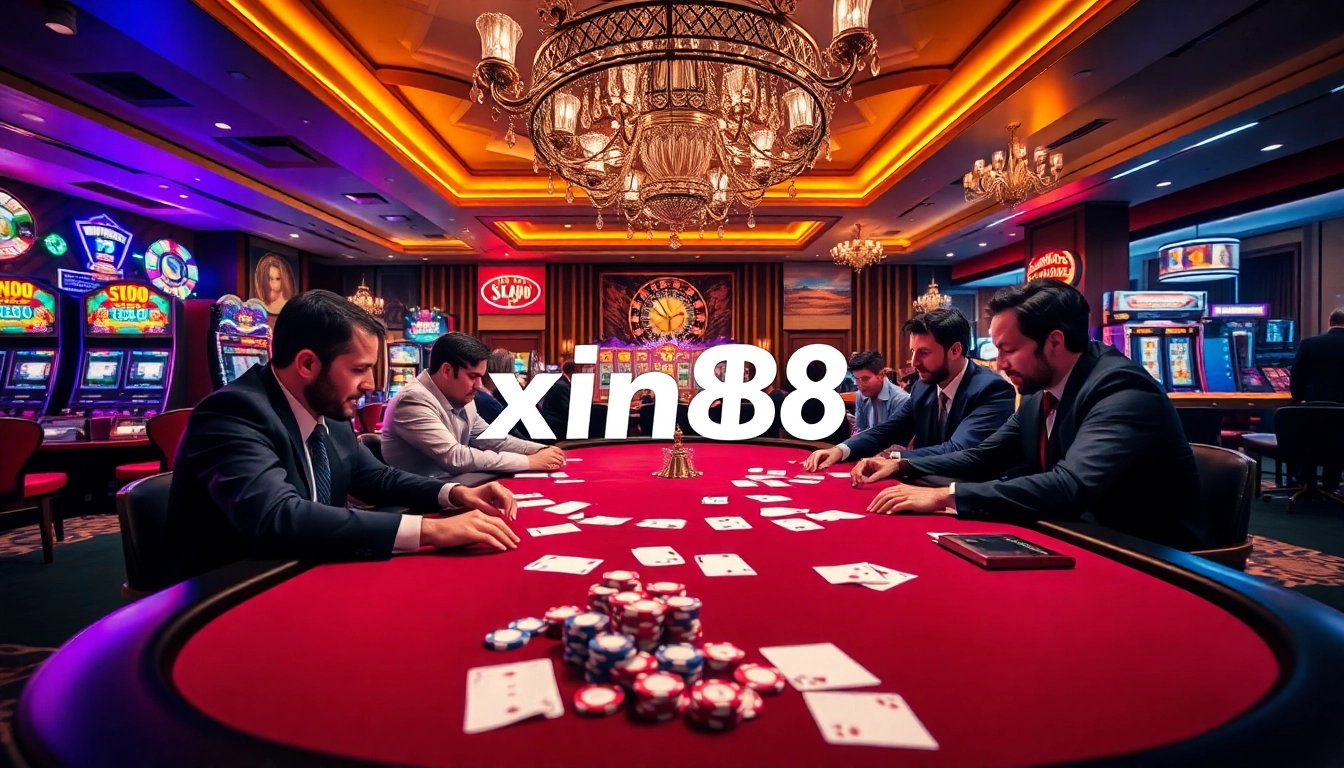 Xin88 casino players enjoying an intense poker game amidst vibrant slot machines and roulette.