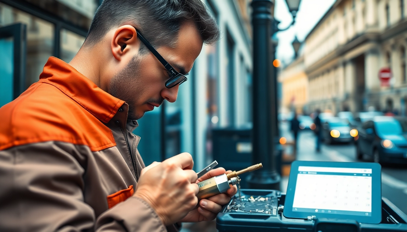 Schlüsseldienst Berlin 24h - Erfahrene Fachkraft bei der Arbeit in einer urbanen Umgebung