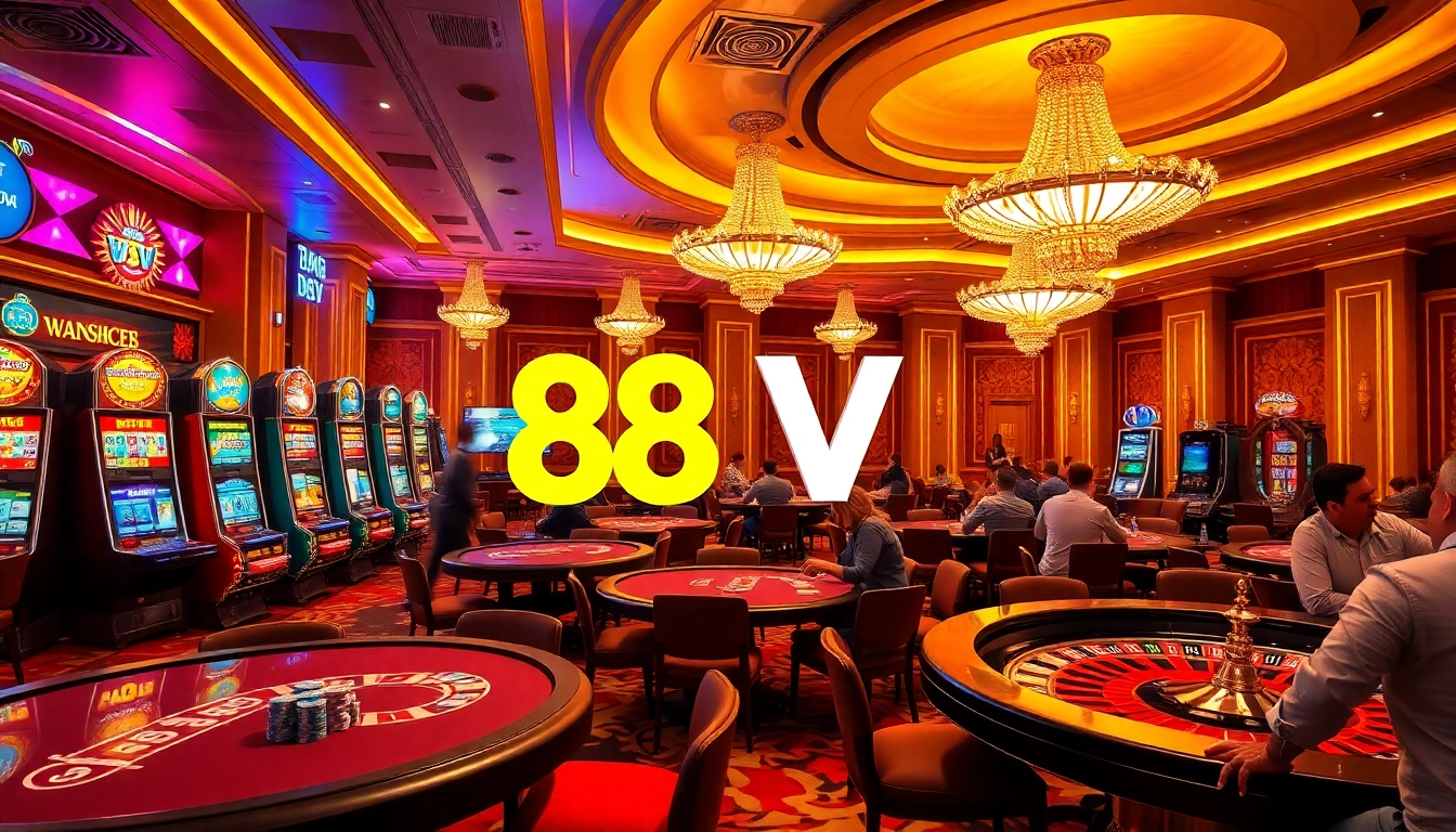 A thrilling moment at 88VV casino with players engaged at vibrant slot machines and poker tables.