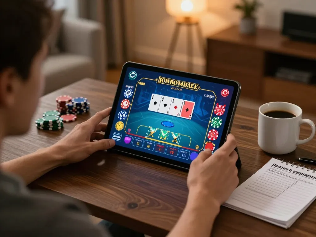 Engaged player using the 789win2.us.com poker app at home, showcasing a dynamic gaming experience.