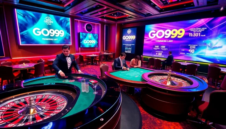 A dynamic GO99 gaming experience with players engaging at high-stakes casino tables, showcasing excitement and luxury.