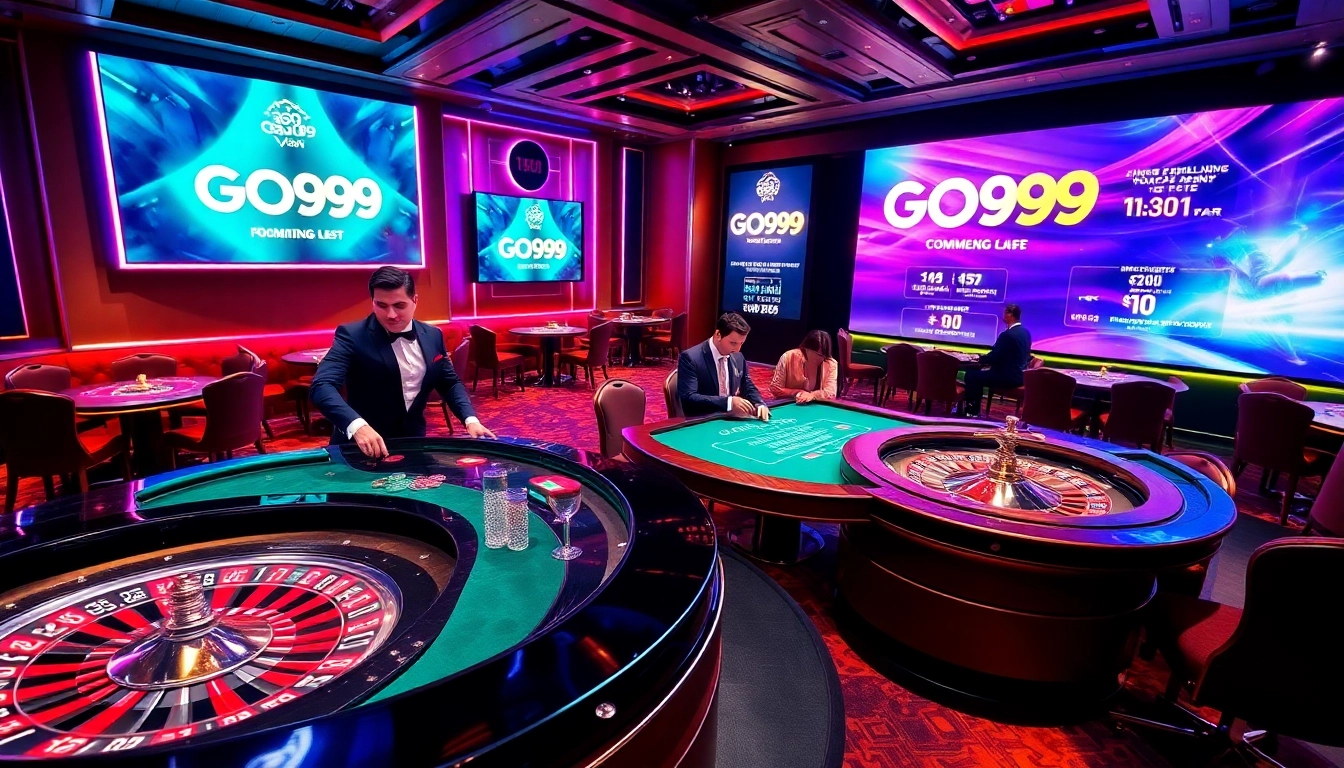 A dynamic GO99 gaming experience with players engaging at high-stakes casino tables, showcasing excitement and luxury.