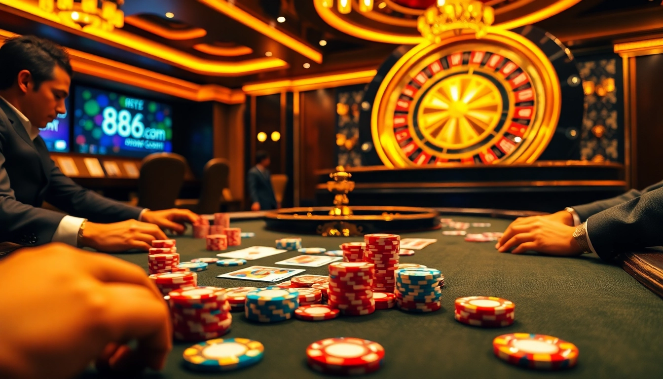 Engage with thrilling poker action at the vibrant 8s86 com casino, featuring colorful chips and cards.