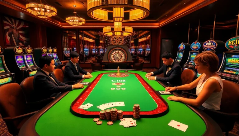 C168 gamblers engage at an upscale poker table in a vibrant casino setting.