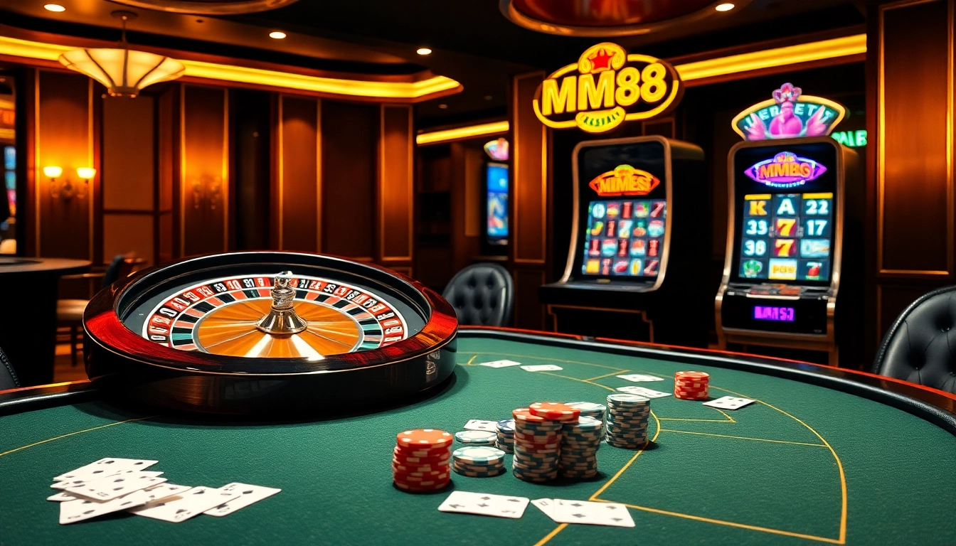 Experience the excitement of MM88 at a luxurious casino table featuring poker chips and cards.