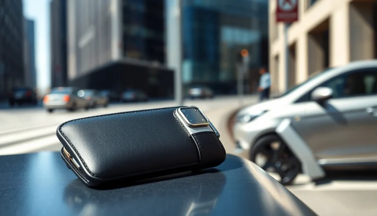 Practical abschließbare Handytasche demonstrates ease of use and security in modern urban setting.