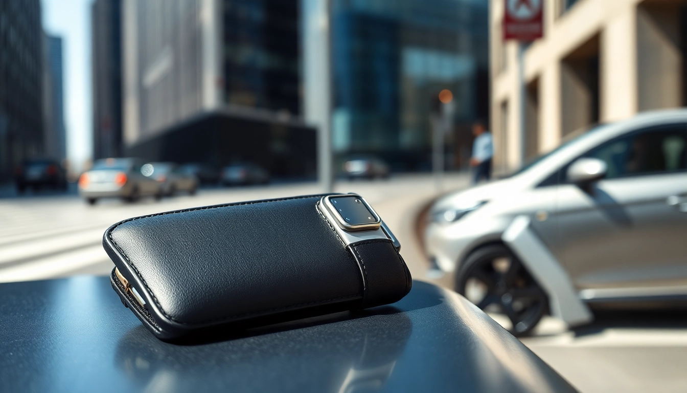 Practical abschließbare Handytasche demonstrates ease of use and security in modern urban setting.