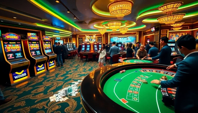 Experience thrilling gameplay at WIN88 with vibrant casino visuals featuring poker tables and slot machines.