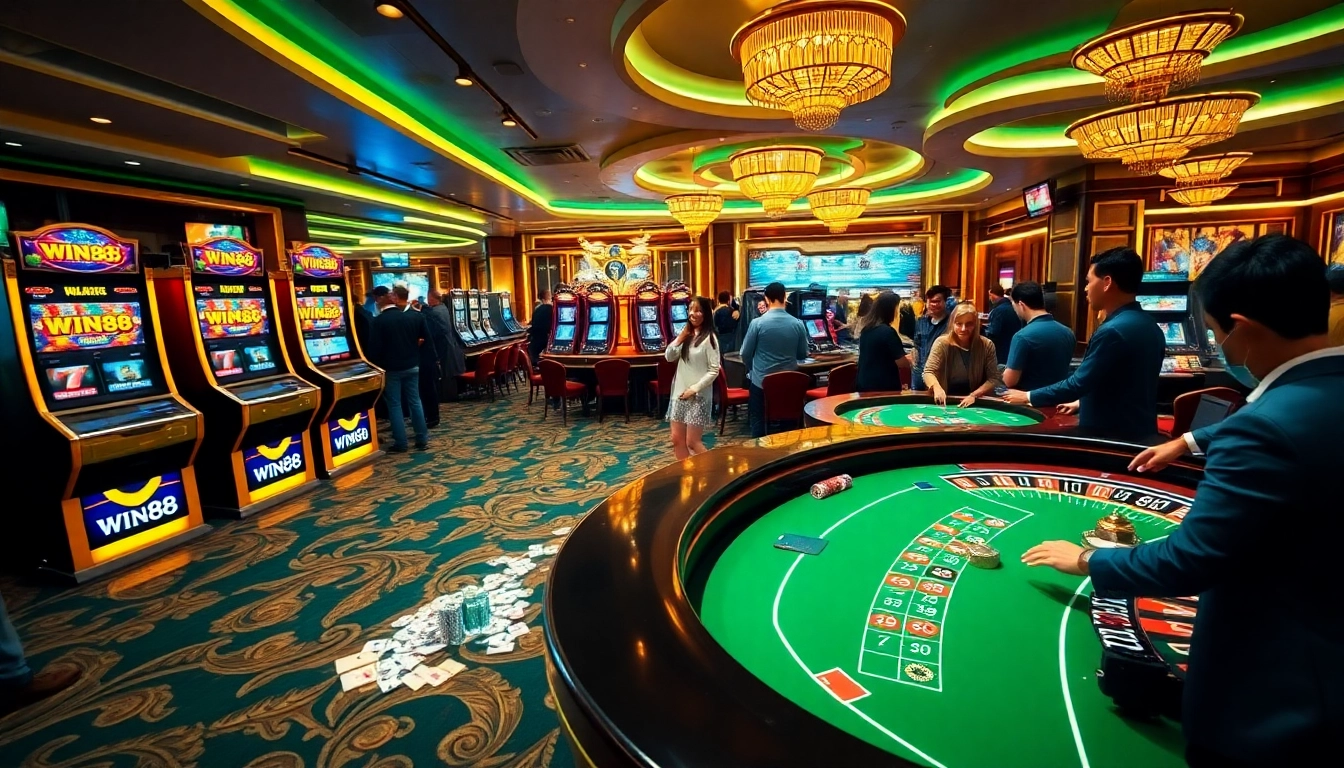 Experience thrilling gameplay at WIN88 with vibrant casino visuals featuring poker tables and slot machines.