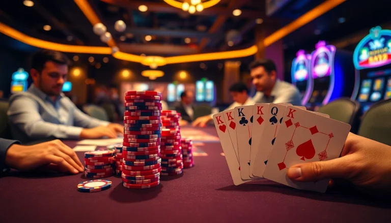 Engaging high-stakes poker game at TG 88 casino, showcasing vibrant chips and cards.