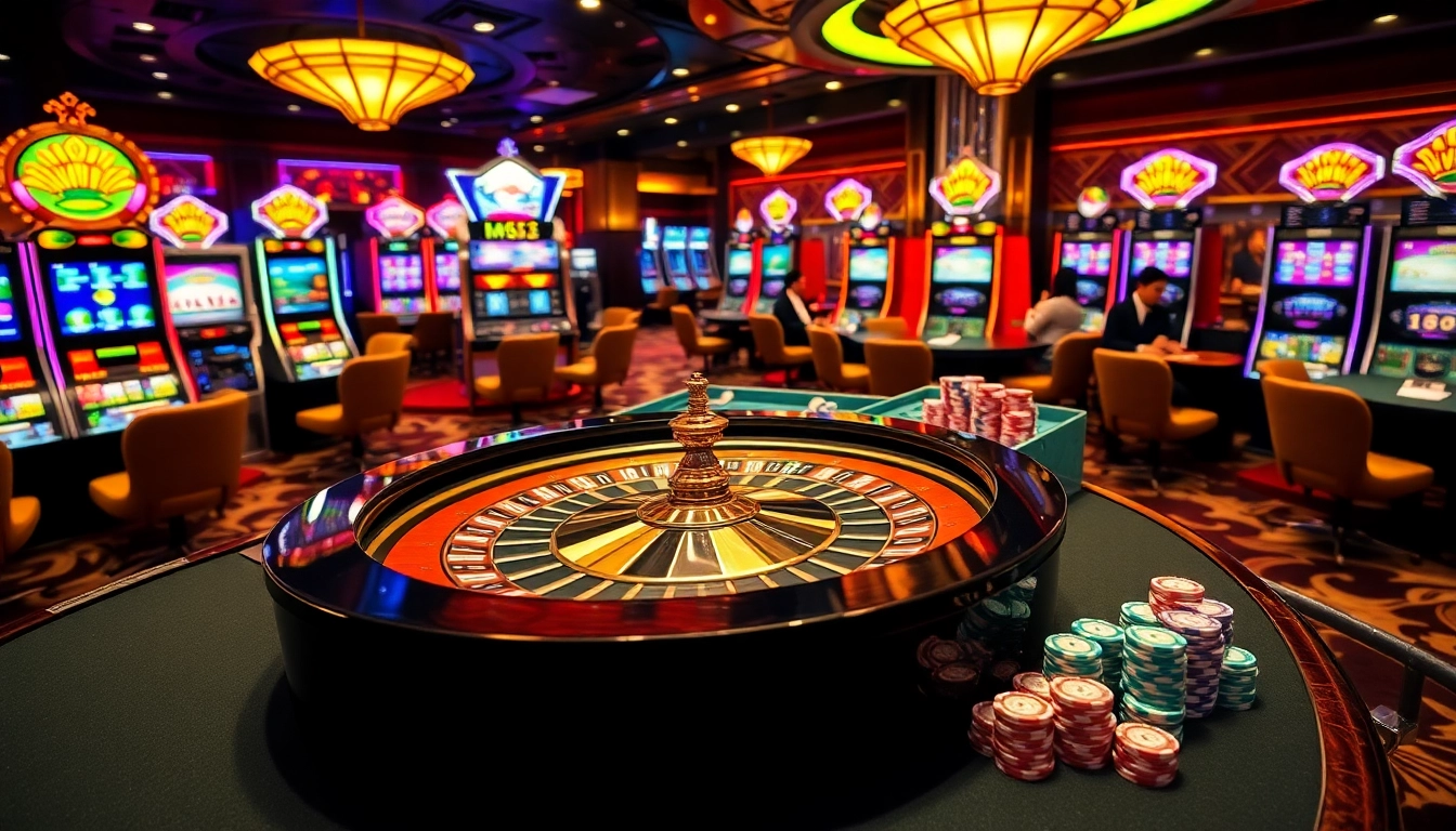 Experience the thrill of gambling at https://m98.uno/ with an enticing casino scene featuring a roulette table and vibrant slot machines.