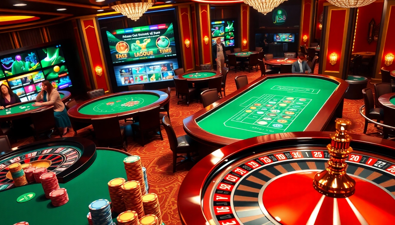 Engaging scene of a luxurious J88 casino interface with vibrant poker tables and roulette wheels.