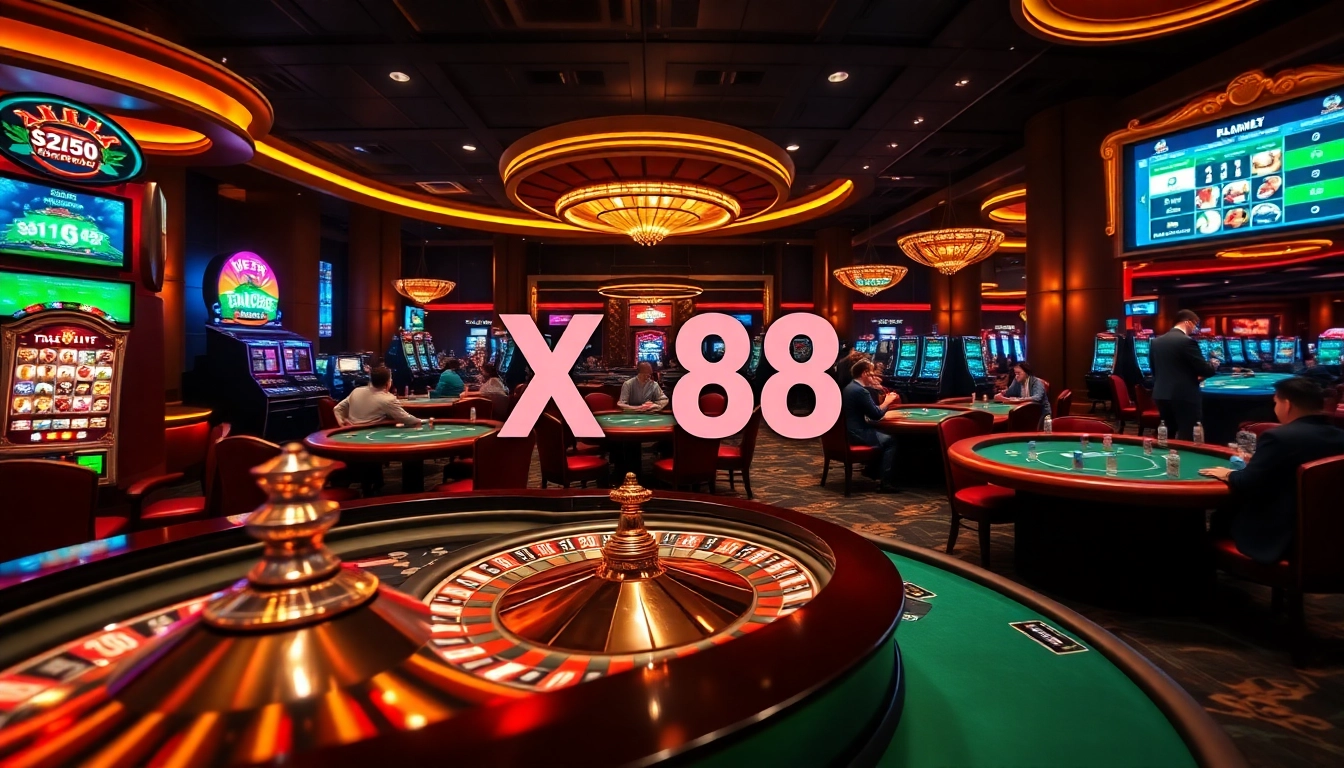 Experience the thrill of betting with XX 88 at a luxurious casino filled with gaming tables and excitement.