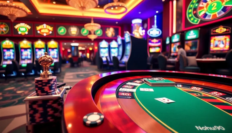 Exciting gaming scene at Nohu90 featuring poker cards, roulette wheel, and vibrant slot machines.