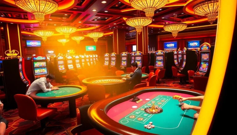 Engaged players at a Go99 online casino, beautifully designed tables, and vibrant slot machines.