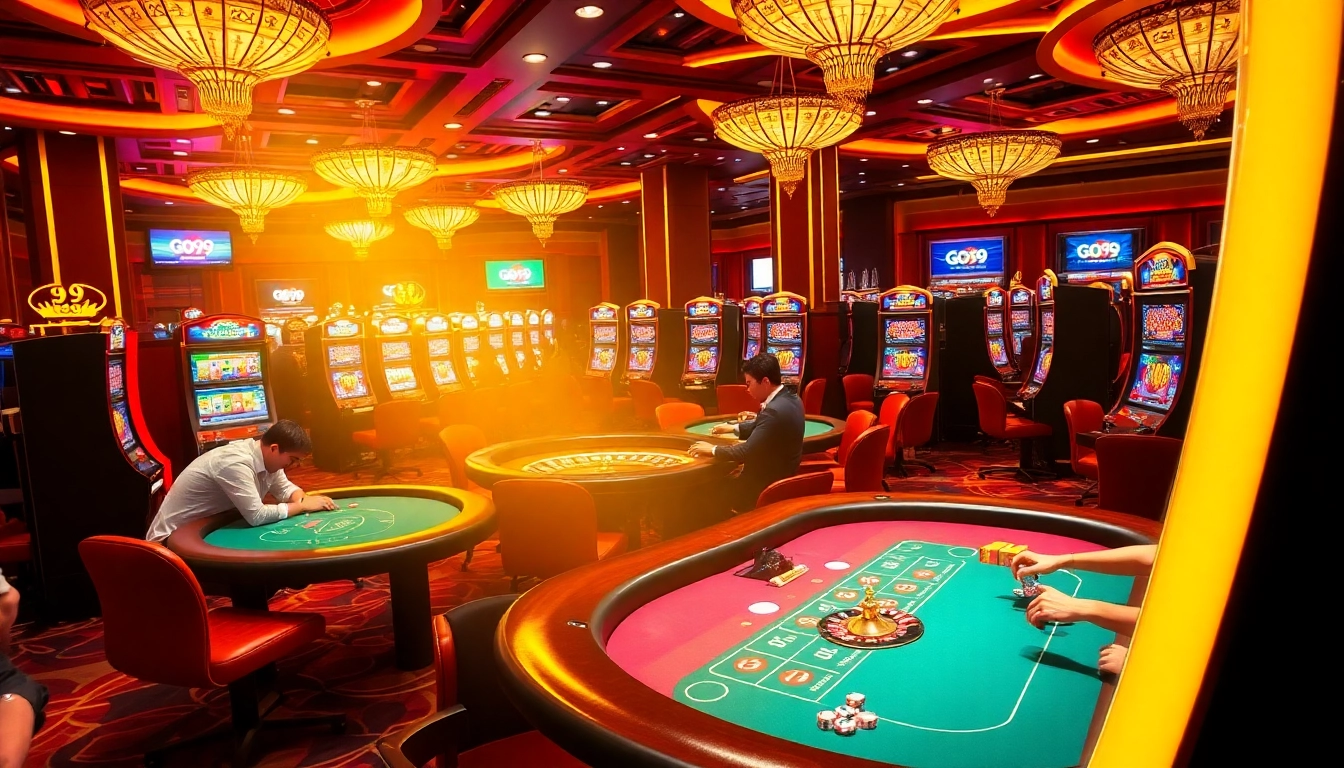 Engaged players at a Go99 online casino, beautifully designed tables, and vibrant slot machines.