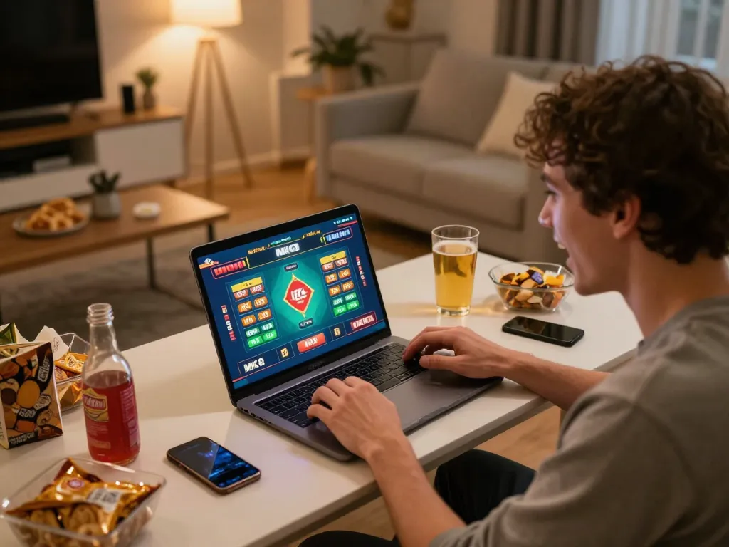 Player enjoying MK8 sports betting online while engaging with the game interface in a cozy home setting.
