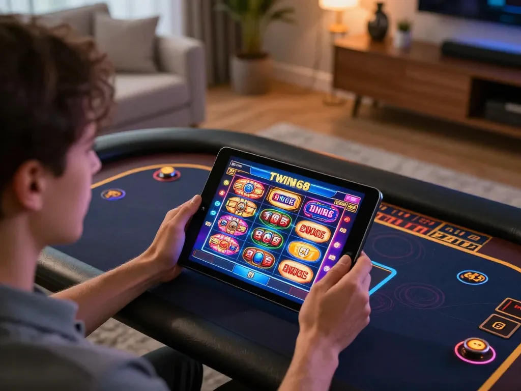 TWIN68 online gaming experience with colorful interface on tablet in cozy home setting