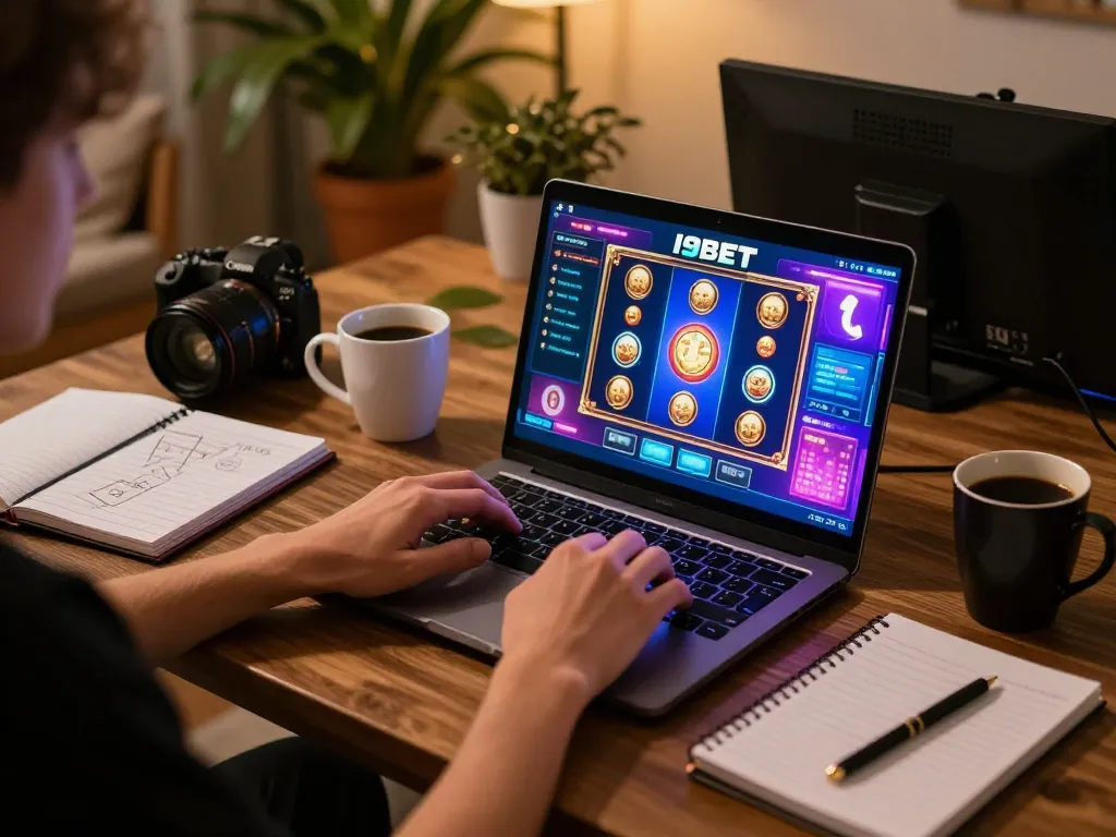 I9BET gaming session at home, showing a player engaging with online slots on their laptop