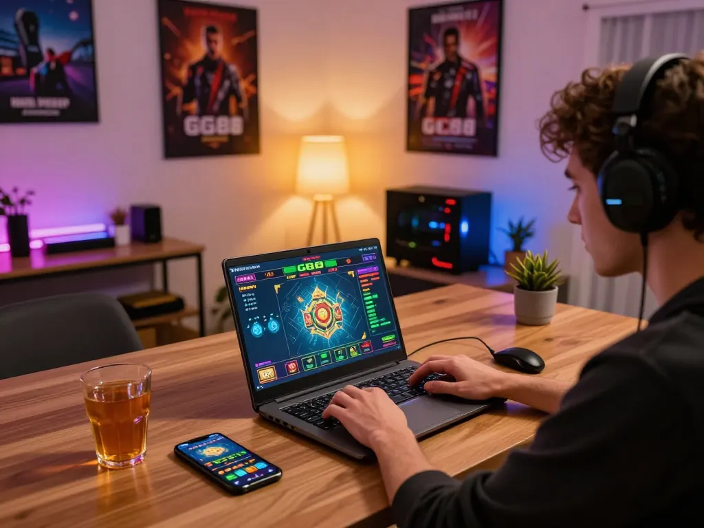 Engaging in GG88 online casino gameplay on a modern laptop with smartphone nearby