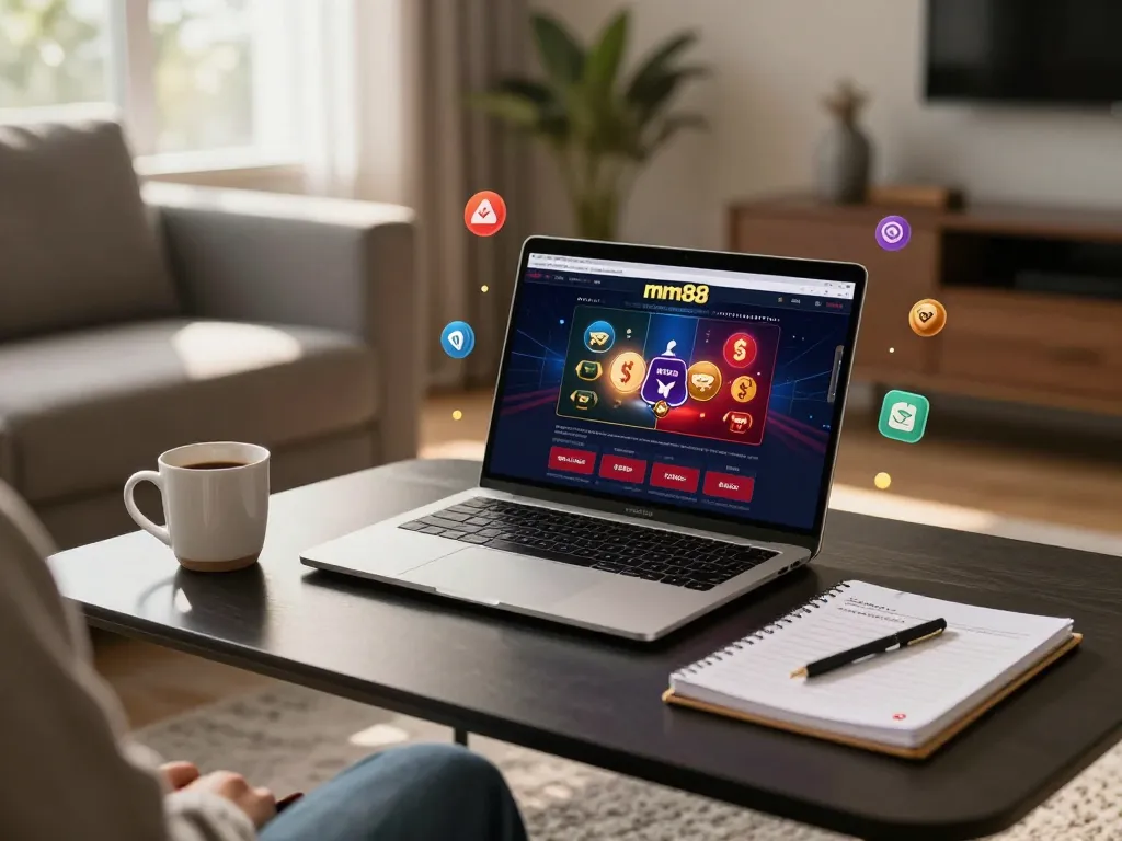Engaging online gameplay on mm88 casino laptop at home with strategic notes and drinks